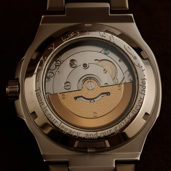 غطاء خلفي شفاف يُظهر آلية الحركة الأوتوماتيكية المنقوشة بالعربية